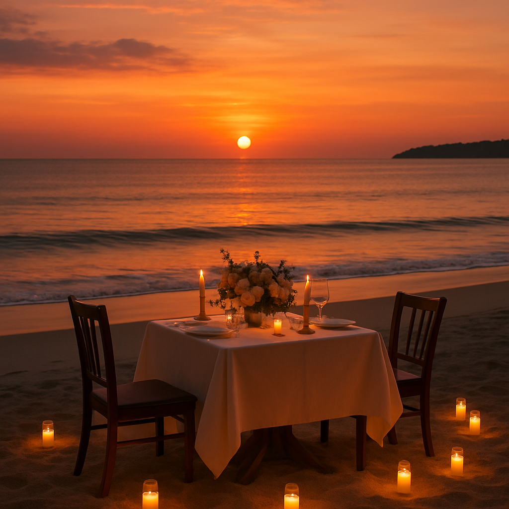 A romantic sunset dinner on the beach, one of the most popular Bali couple experiences.