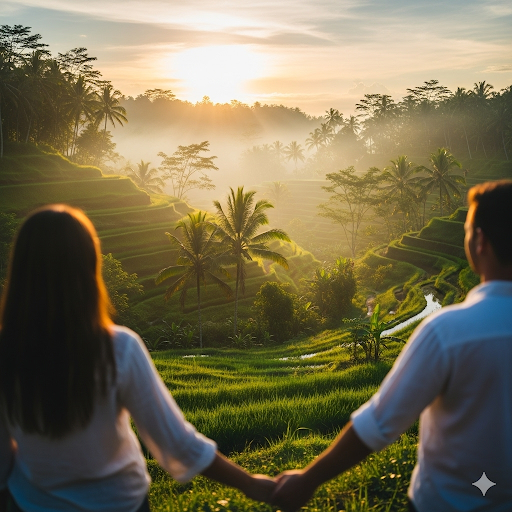 A couple enjoying the sunrise during their Bali honeymoon at the Tegalalang Rice Terraces.
