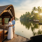 A couple enjoying their romantic trip on a houseboat, one of the best honeymoon destinations in Kerala. Tripmonks