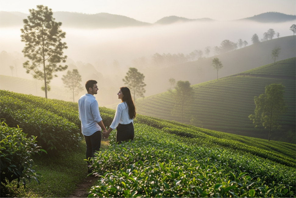 A romantic stroll through a tea garden, a classic experience for a Munnar honeymoon. Tripmonks