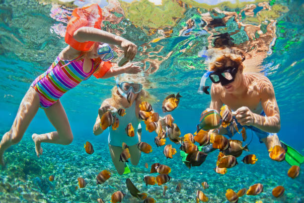 A family enjoying a snorkeling adventure, a key activity when visiting the Maldives with kids.