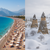 A comparison of Turkey in summer vs winter travel, showing a beach and a snowy landscape.