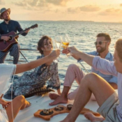 A successful corporate incentive trip to Maldives, showcasing a group networking event on the beach.